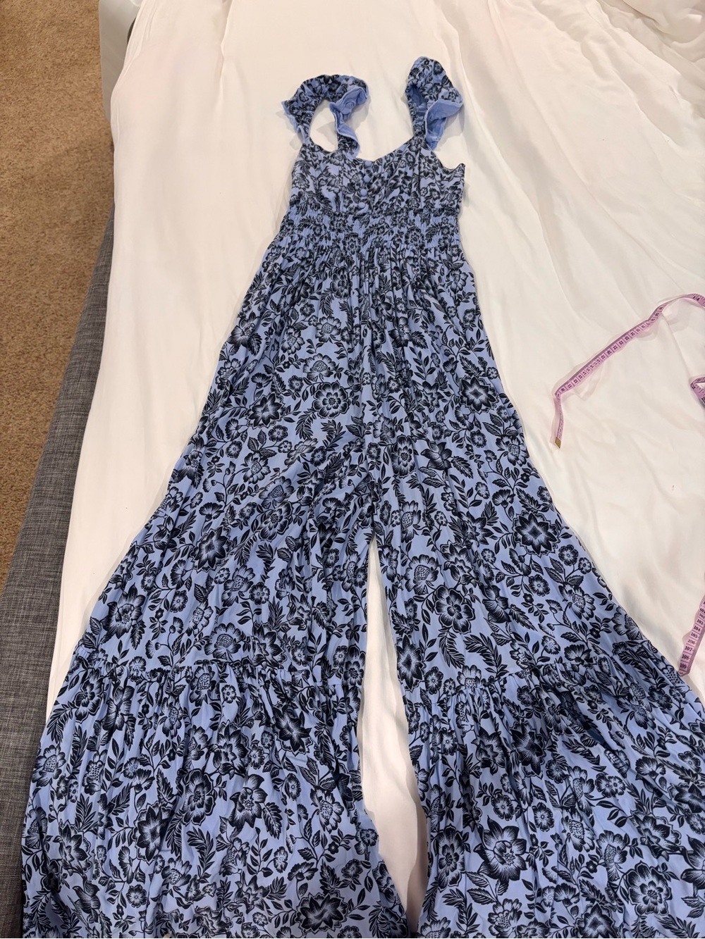 aerie Light Blue Floral Smocked Jumpsuit